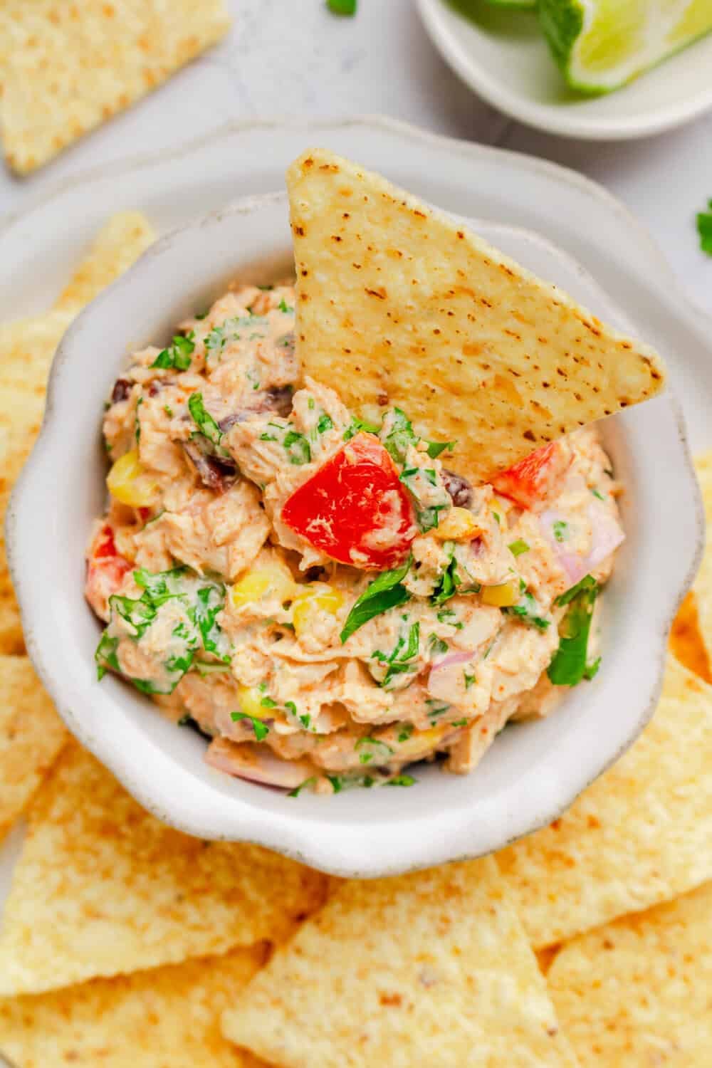 Mexican tuna salad in a bowl with a tortilla chip in it with more chips around it.