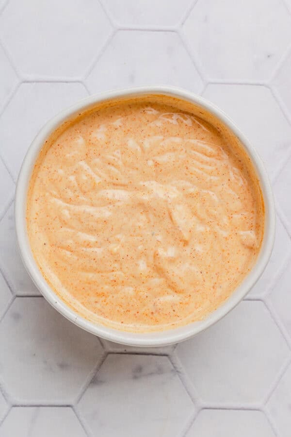 Tuna salad Mexican dressing mixed in a bowl.