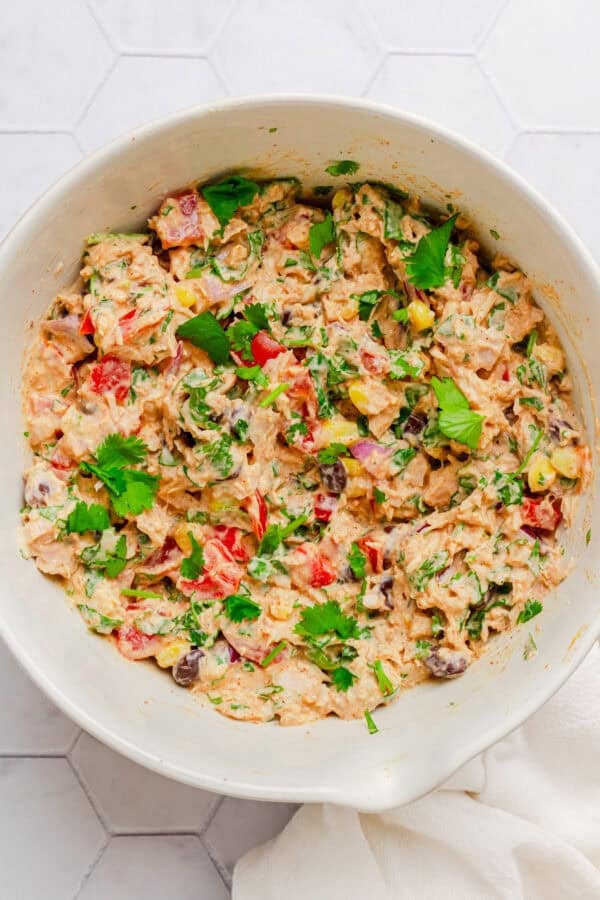 Tuna salad mixed in a bowl.