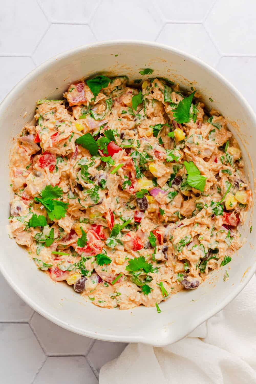 Tuna salad mixed in a bowl.