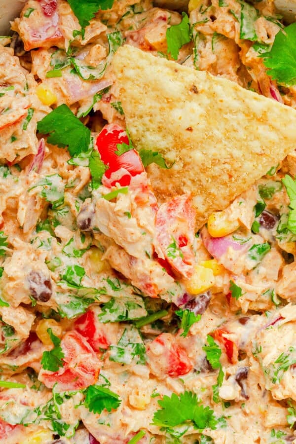 Mixed mexican tuna salad in a bowl with a tortilla chip in it.