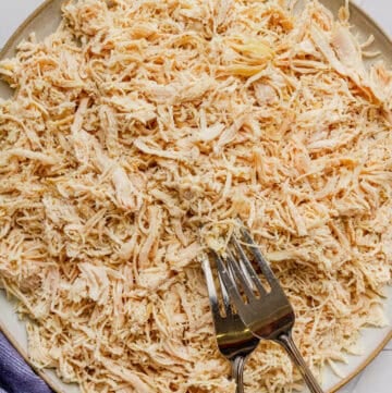 Round plate of cooked shredded chicken breast with two forks on the plate.