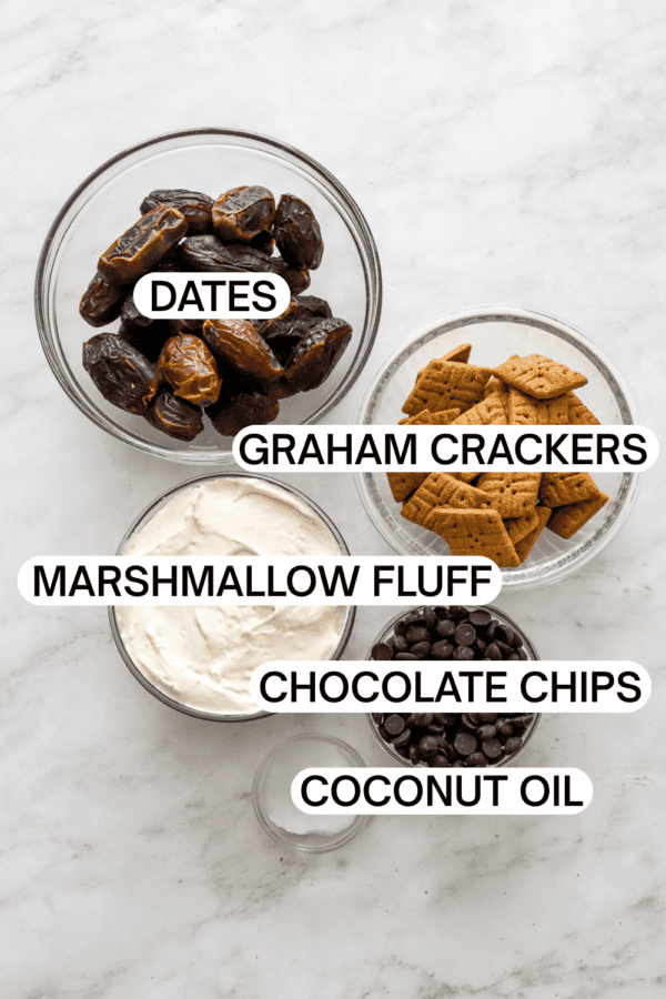 Ingredients for smashed date s'mores in bowls with labels over each ingredient.