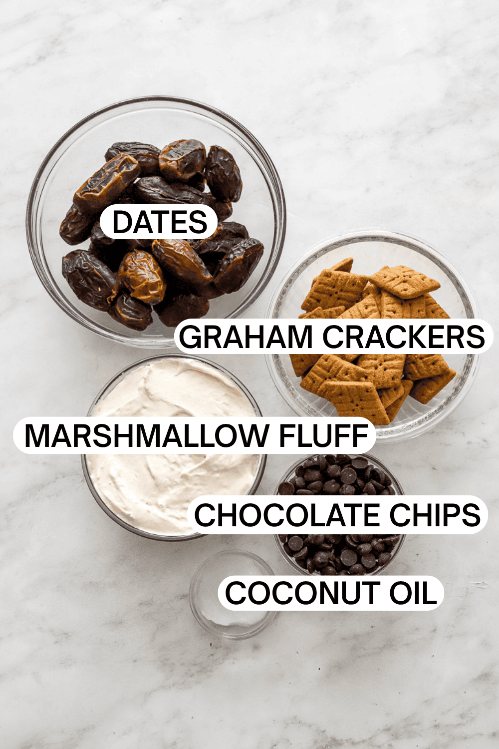 Ingredients for smashed date s'mores in bowls with labels over each ingredient.