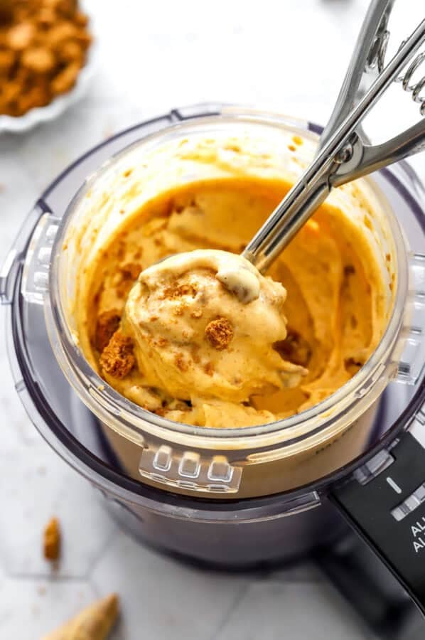 Pint container with creamy Greek yogurt pumpkin spice ice cream with cookies mixed into it with a spoon in the container with it.
